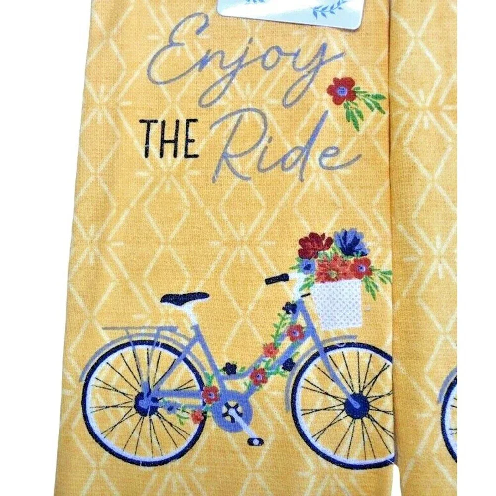 Bicycle Bike Kitchen Dish Towels Enjoy the Ride Yellow Spring Summer Set of 2